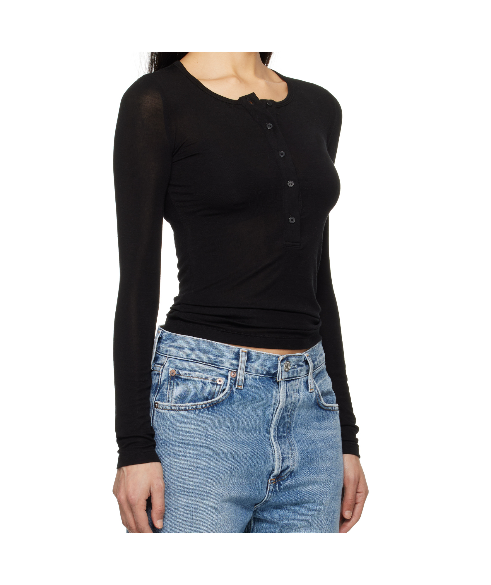 Agolde Long Sleeve Henley Shirt In Black