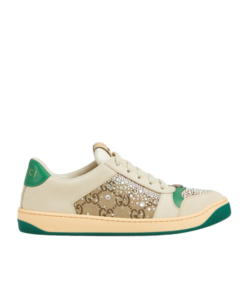 Gucci Gg Supreme Sneakers With Crystal Embellishments And Contrasting Rubber Sole In Nude