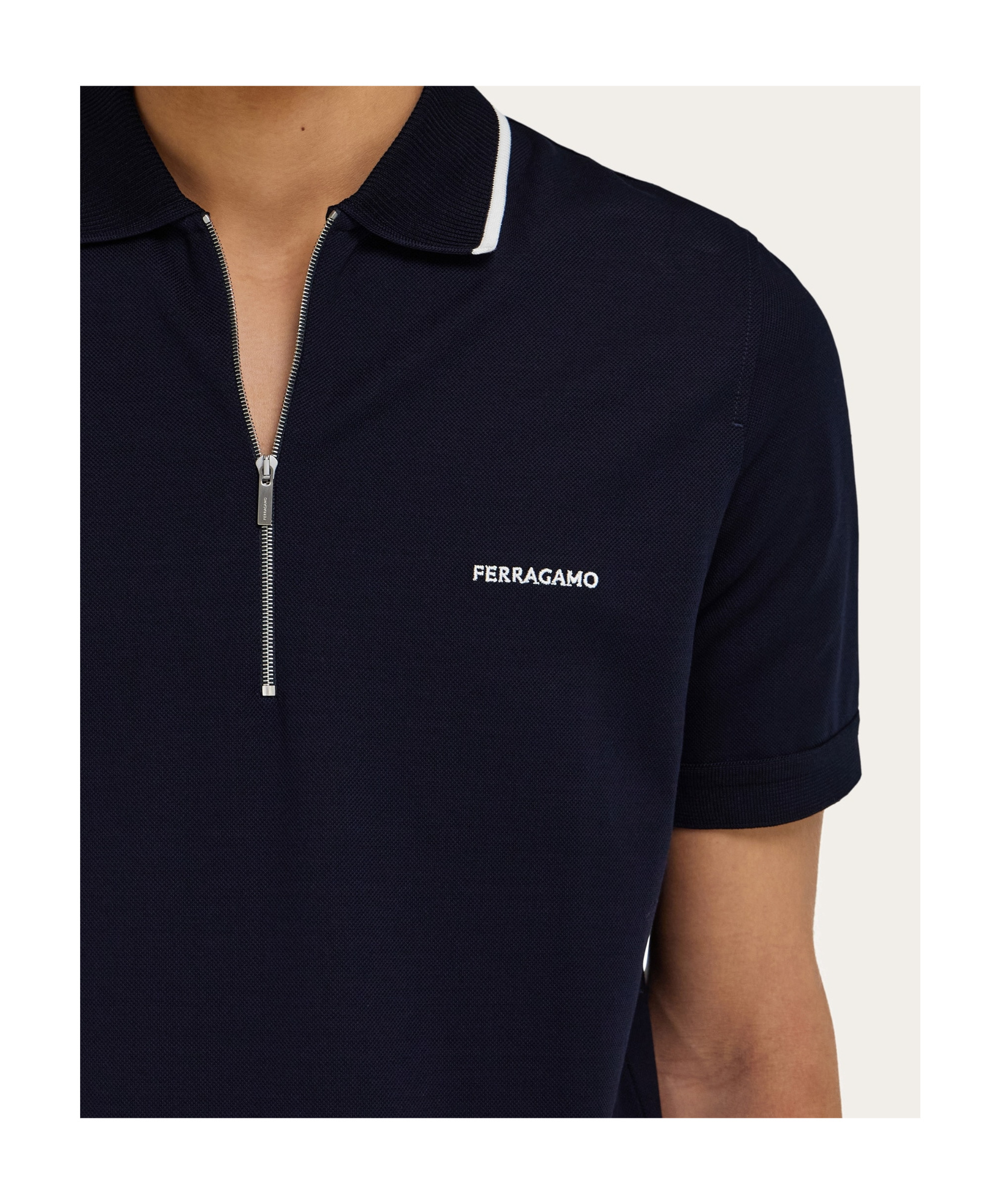 Ferragamo Cotton Polo Shirt With Zip Closure In Blue