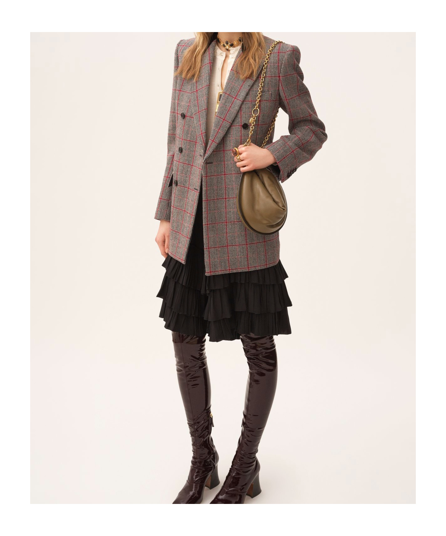 Chloé Double-breasted Velvet-trimmed Checked Wool Blazer In Gray