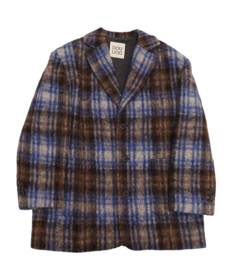 Douuod Grey/blue Wool Blend Checked Coat In Black