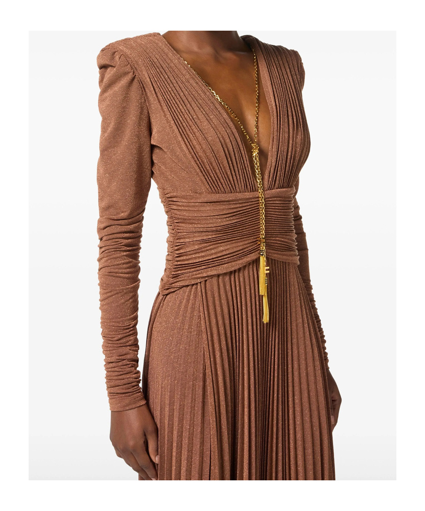 Elisabetta Franchi Red Carpet Dress In Lurex Jersey With Necklace In Animal Print