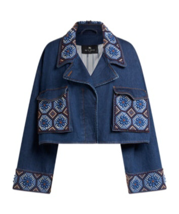 Etro Cropped Jacket With Pearl Embroidery In Navy Blue