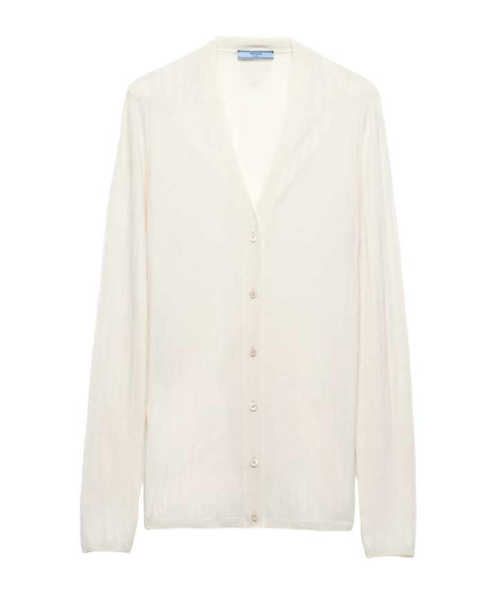 Prada V-neck Superfine Cashmere Cardigan In Nude