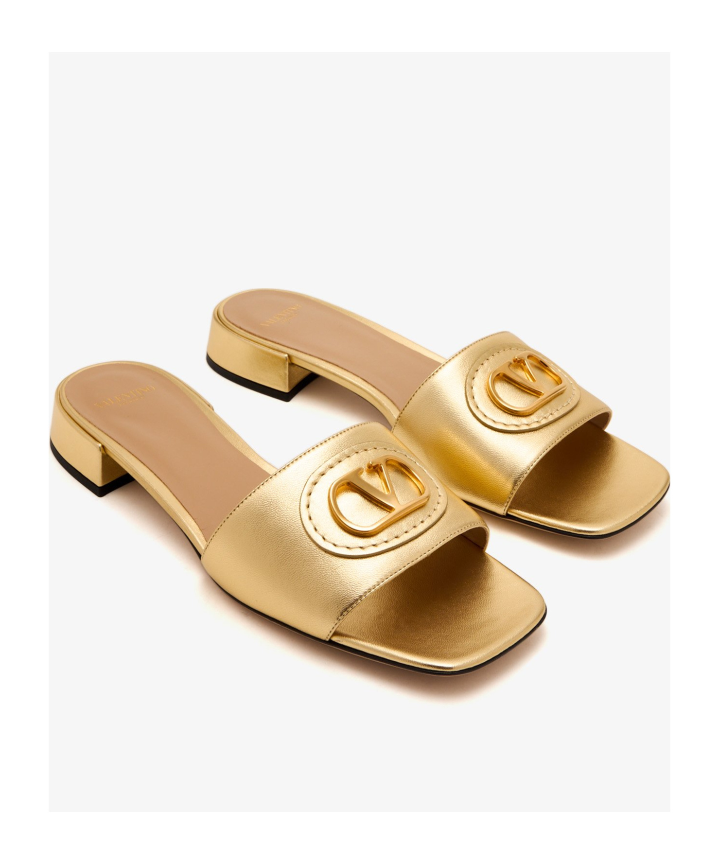Valentino Gold Laminated Leather Vlogo Signature Slide Sandals In Nude