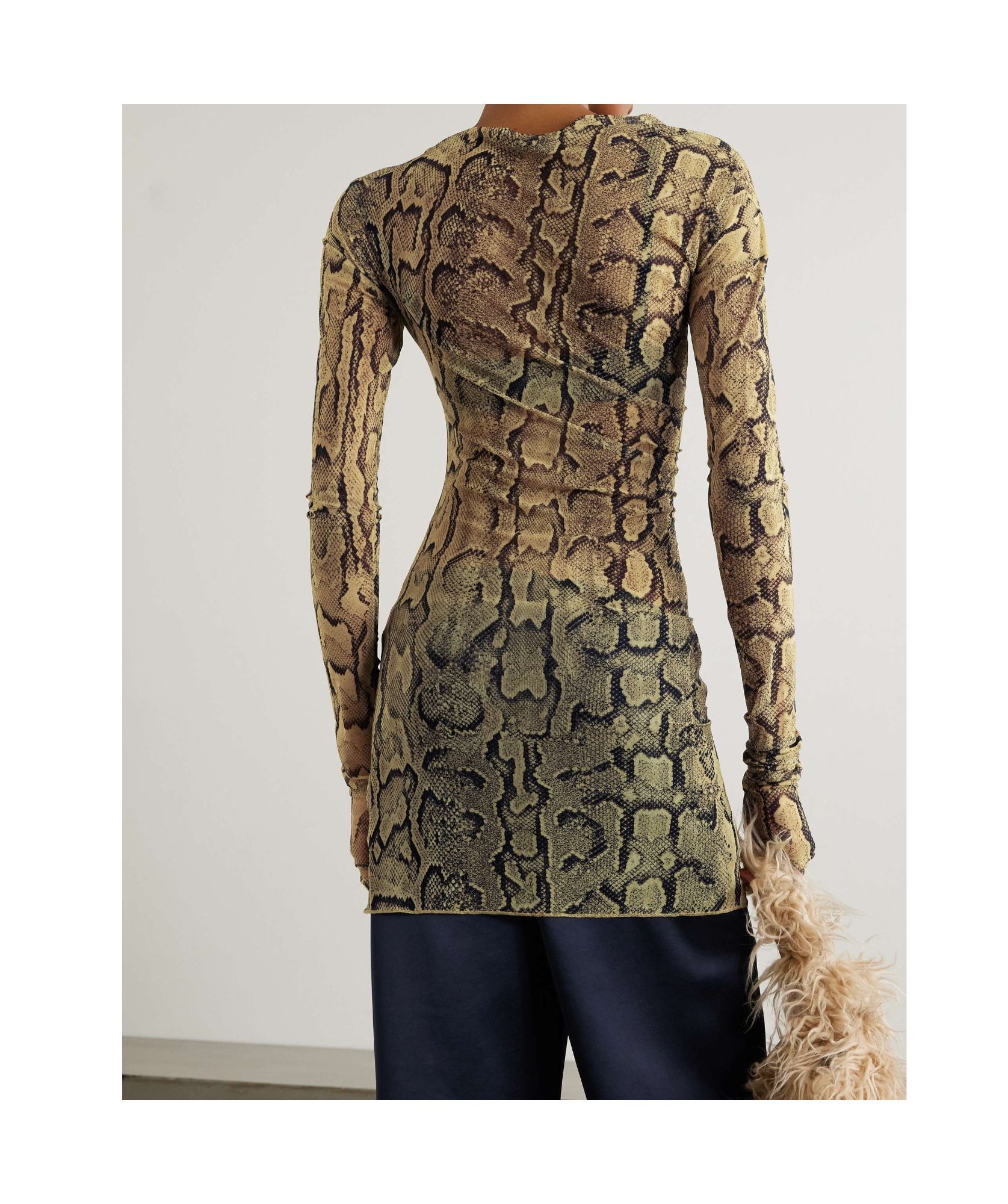 Dries Van Noten Asymmetric Snake-print Stretch-mesh T-shirt In Nude
