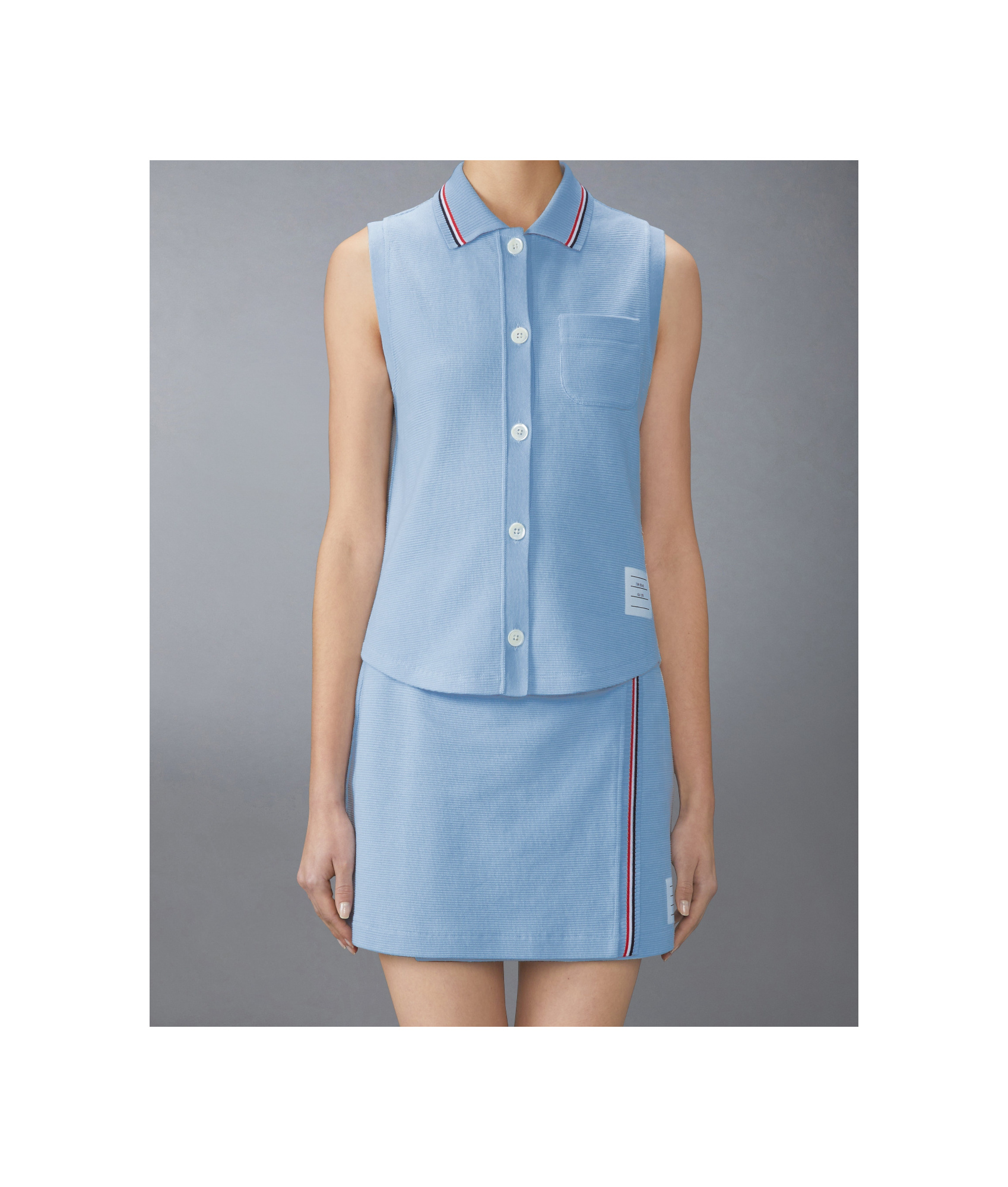 Thom Browne Cotton Waffle Sleeveless Button Shirt In Blue
