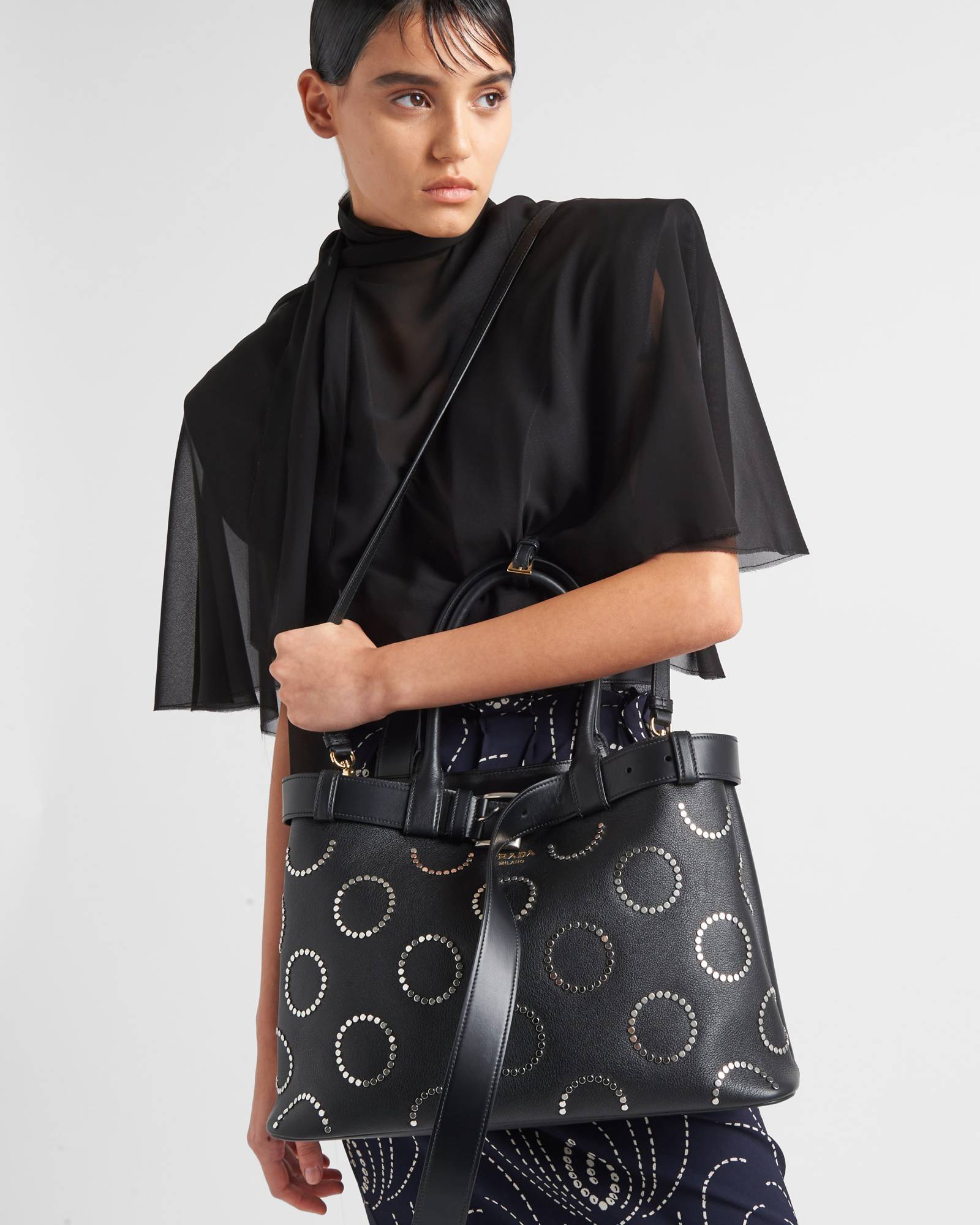 Prada Stud-embellished Buckle Tote Bag In Black