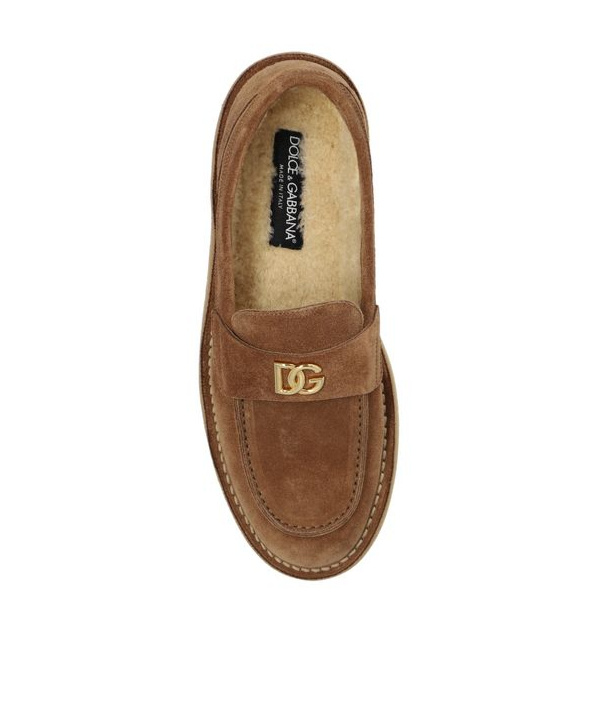 Dolce & Gabbana Dg Logo Suede And Shearling Loafers In Brown