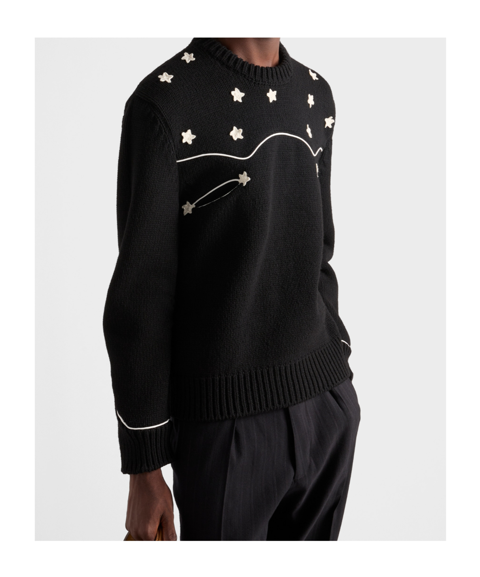 Prada Wool Crew Neck Sweater With Ribbed Cuffs In Black