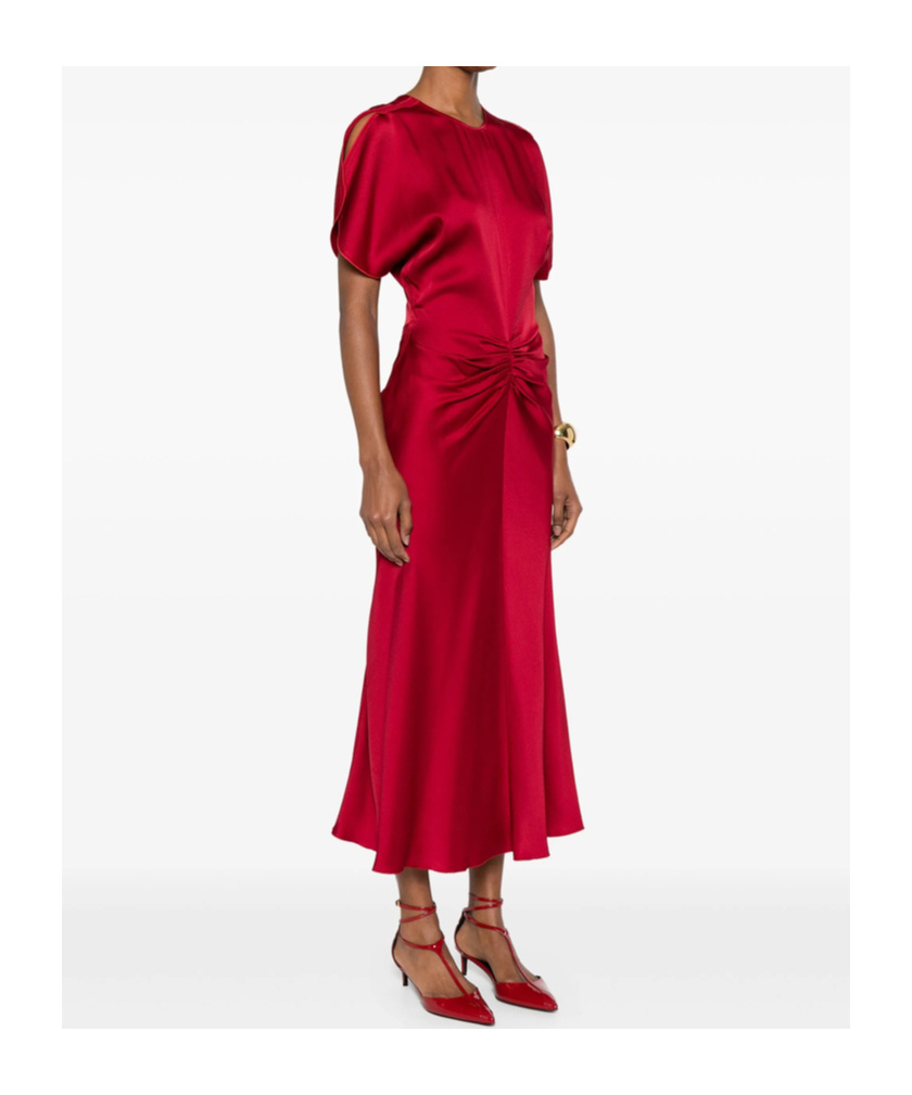 Victoria Beckham Red Crewneck Midi Dress With Gathered Waist And Rear Zip Closure In Red