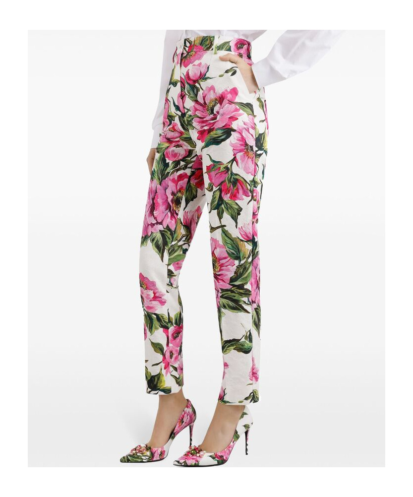 Dolce & Gabbana Peony Print Straight-leg Ankle Pants In Multicolor