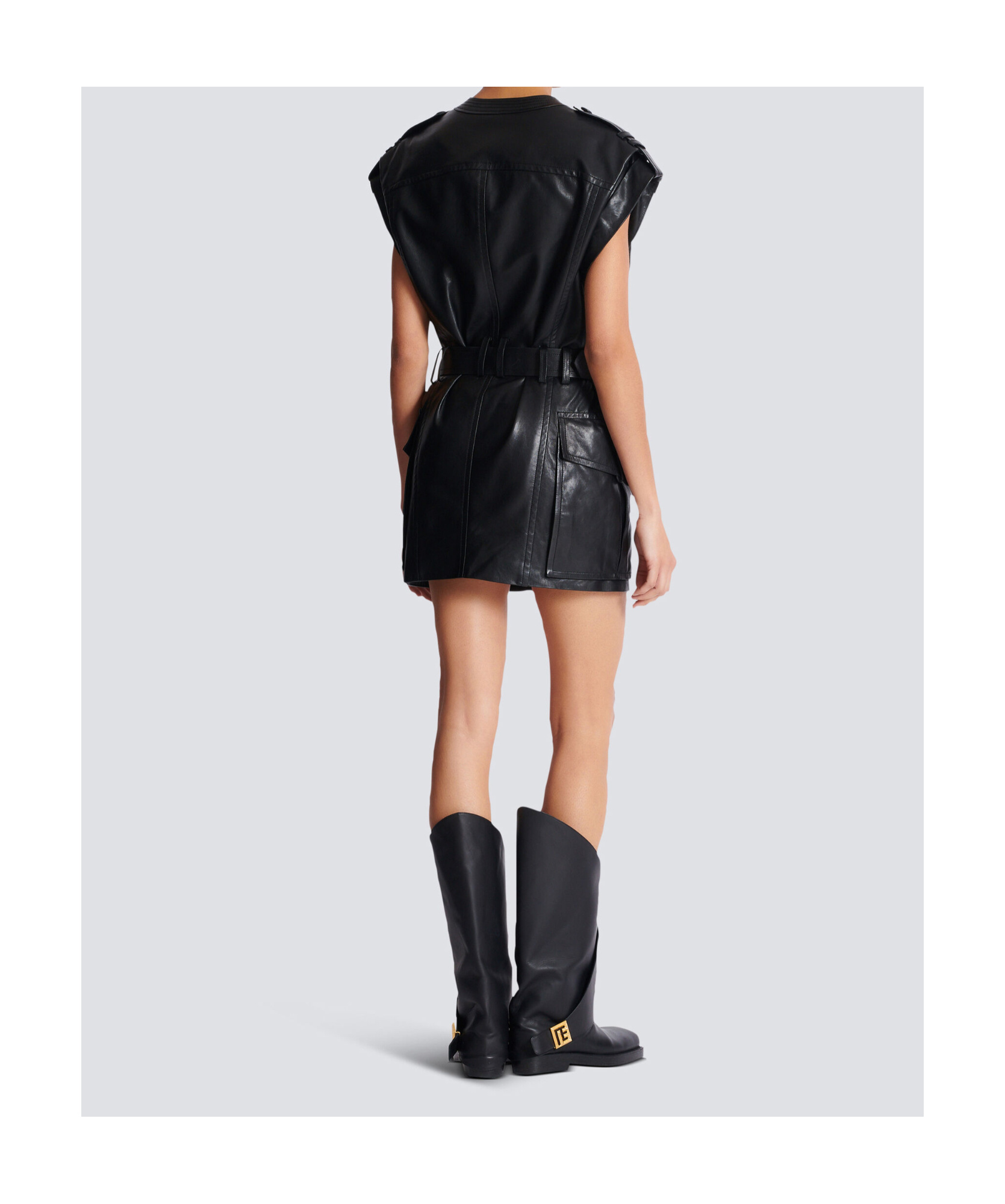 Balmain Lambskin Leather Short Belted Dress In Black