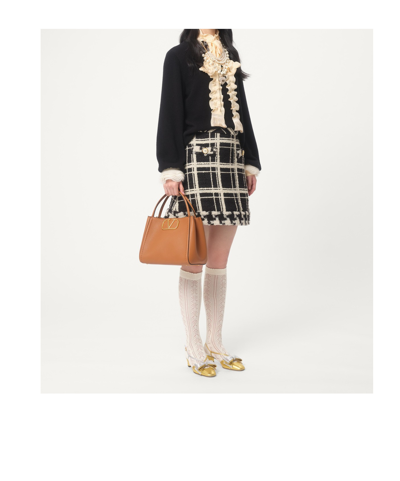 Valentino Medium Alltime Shoulder Bag In Almond Beige/black And White
