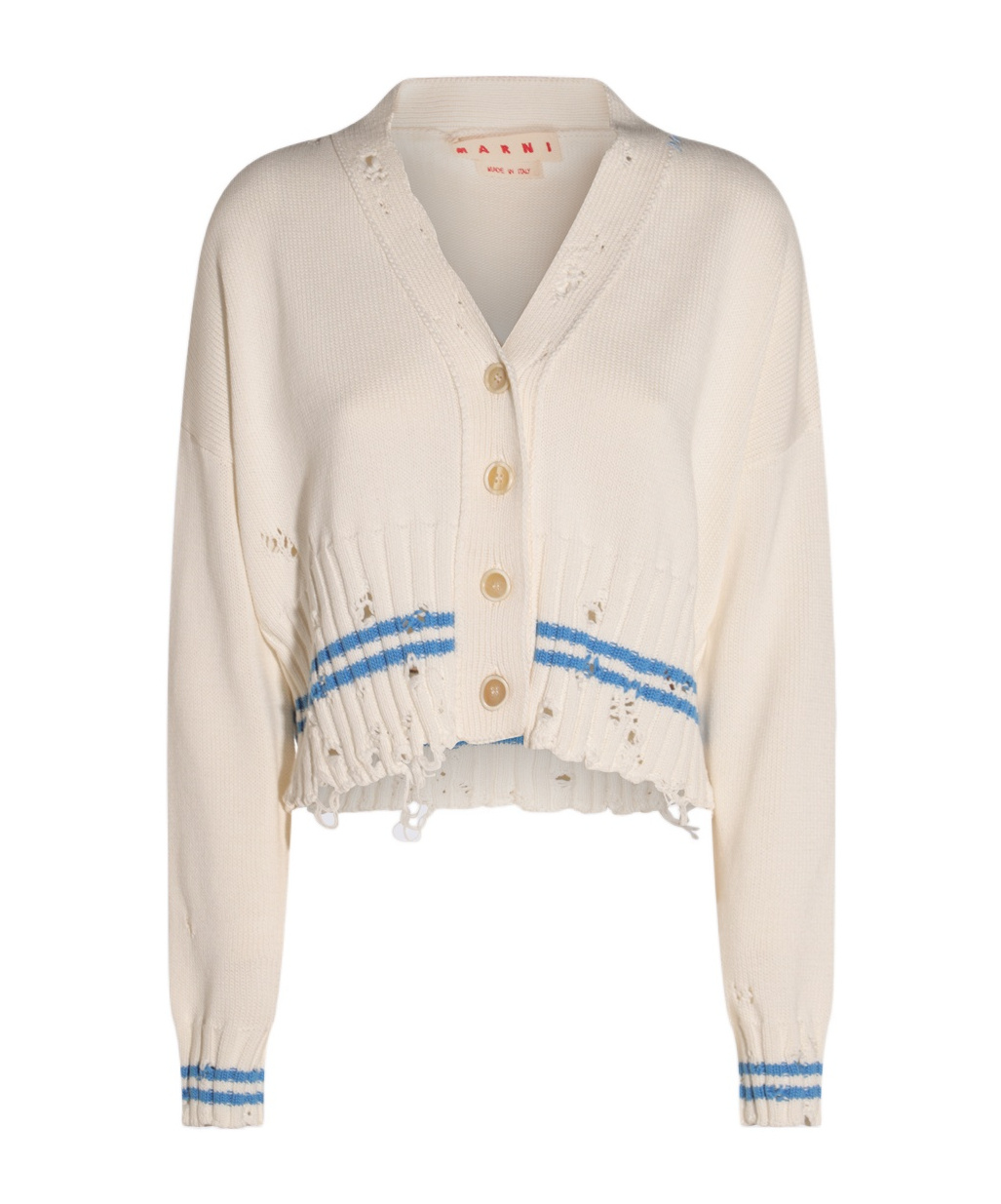 Marni Mending Logo Distressed Boxy Cotton Cardigan In Multi
