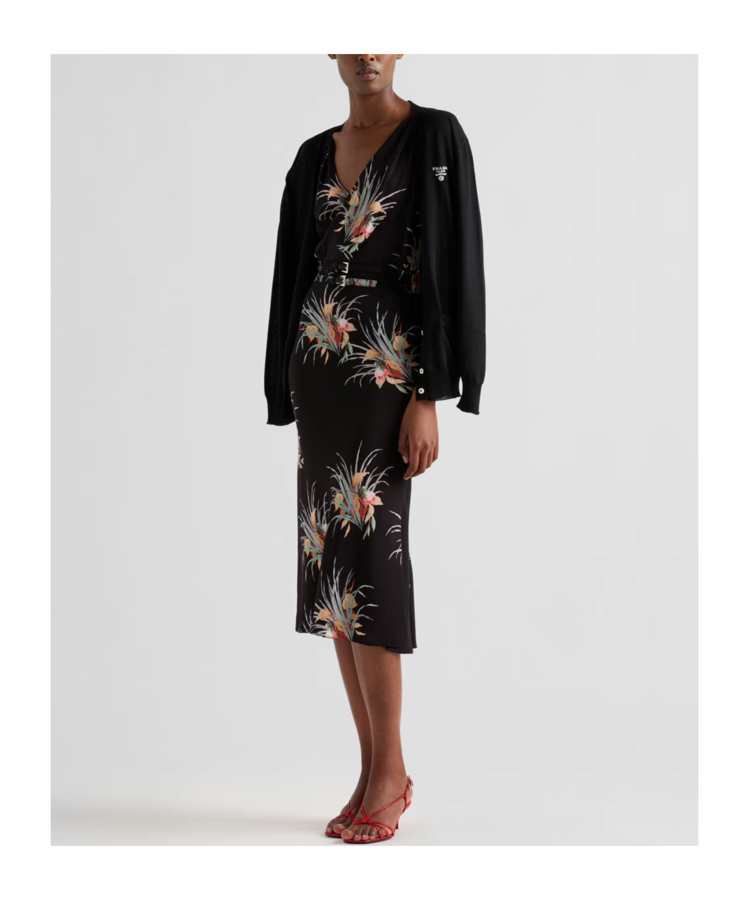 Prada Women Orchid Print Midi Dress In Black