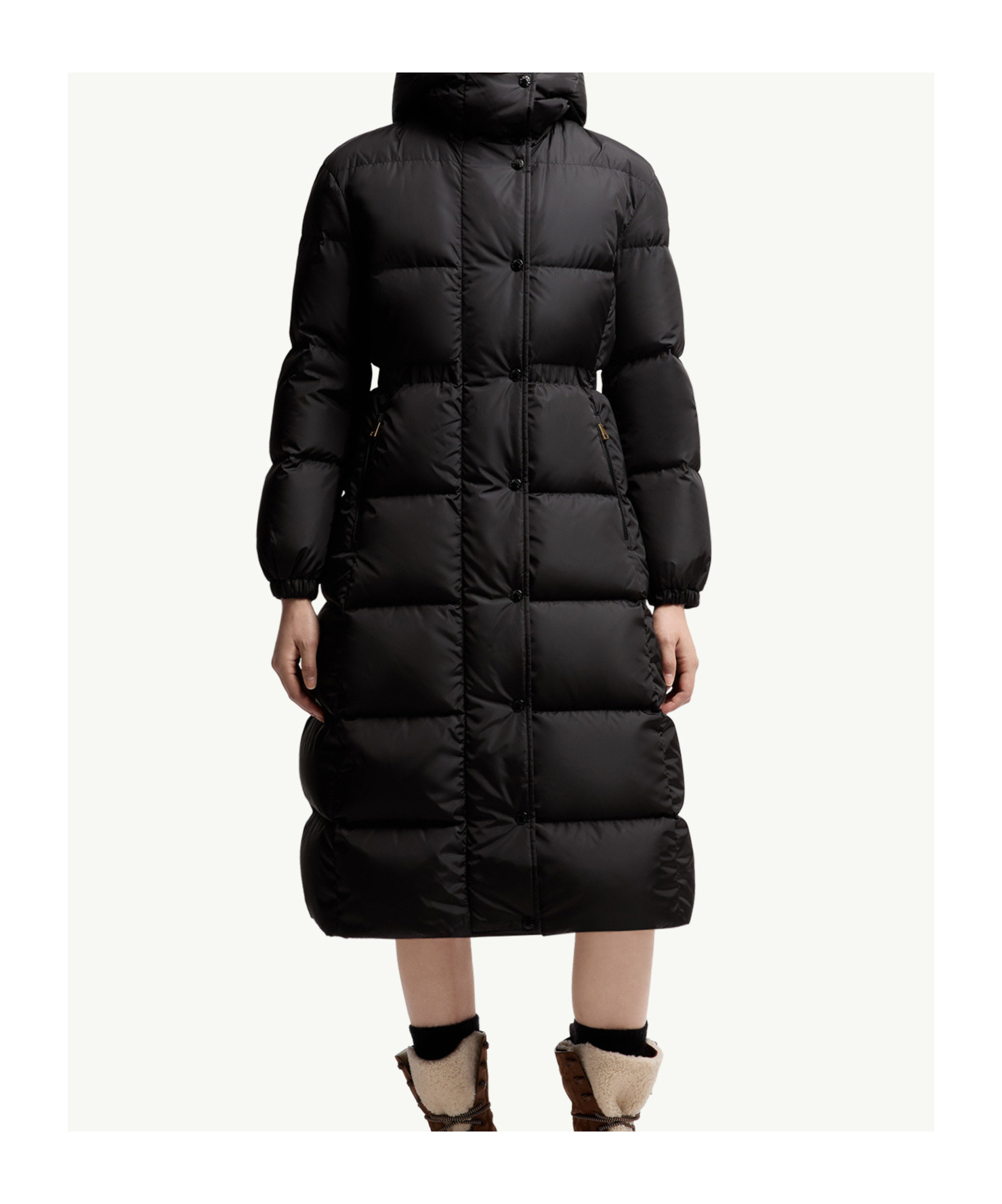 Moncler Chamer Wool-trimmed Hooded Long Down Jacket In Black