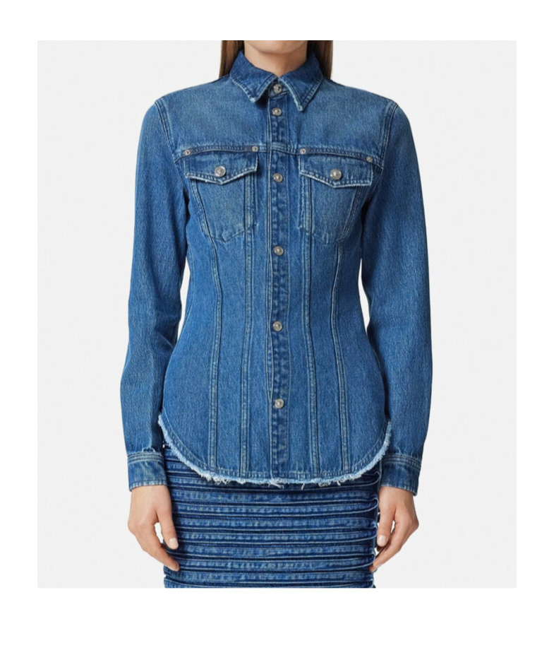 Versace Women Denim Shirt With Frayed Edges In Blue