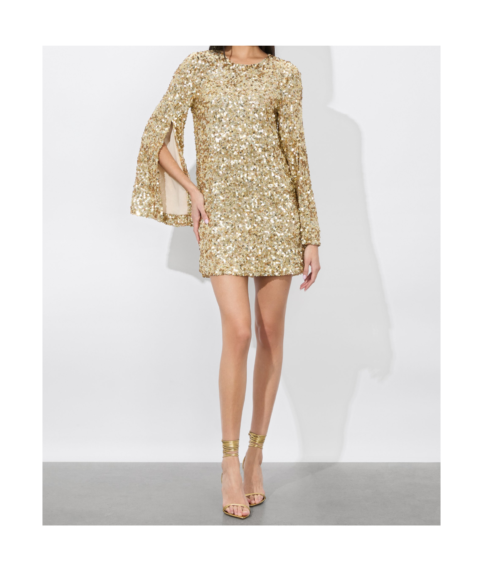Alice And Olivia Eleonora Embellished Slit Sleeve Mini Dress In Gold