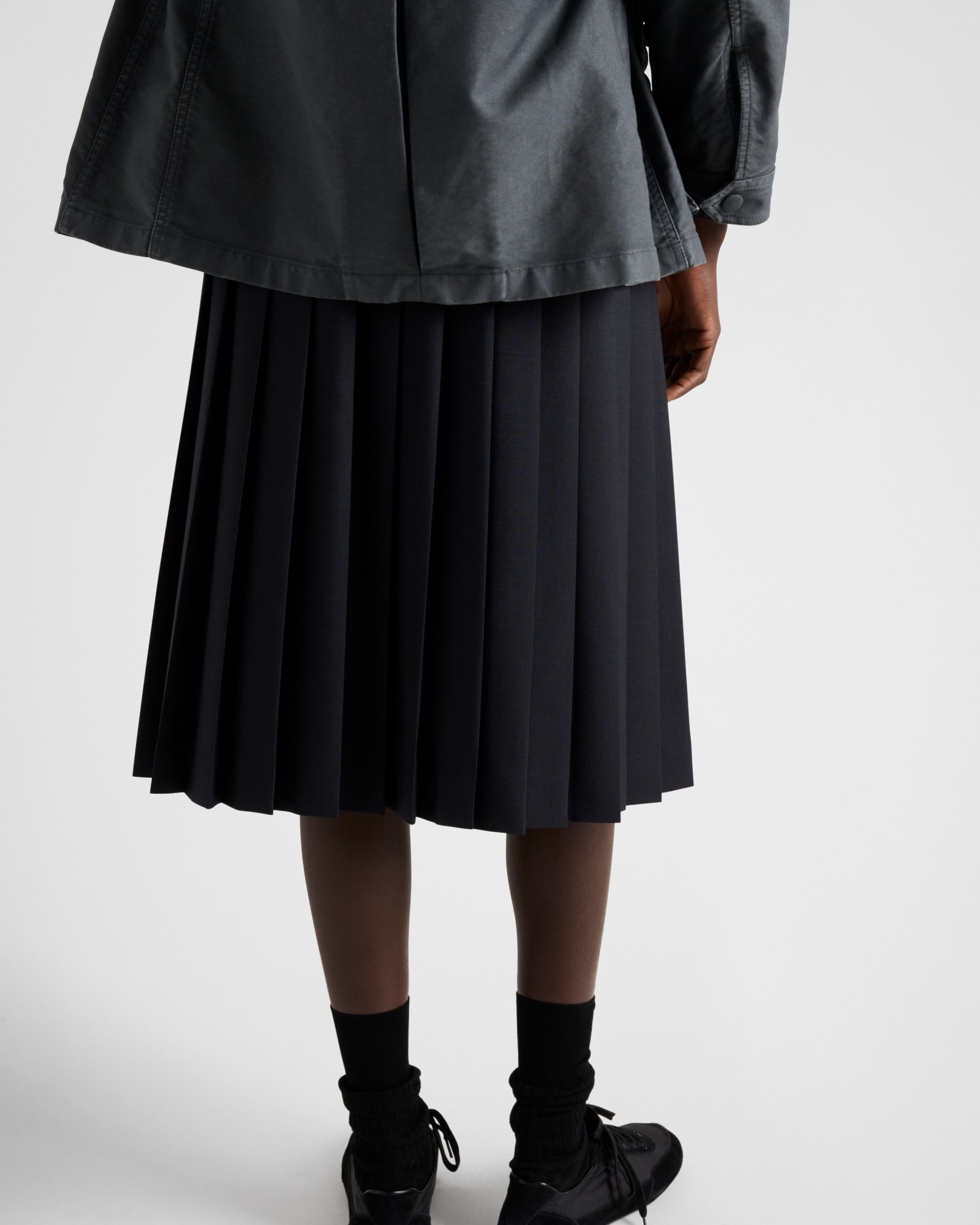 Prada Womens Blue Pleated Buckle-detail Mohair Wool-blend Midi Skirt