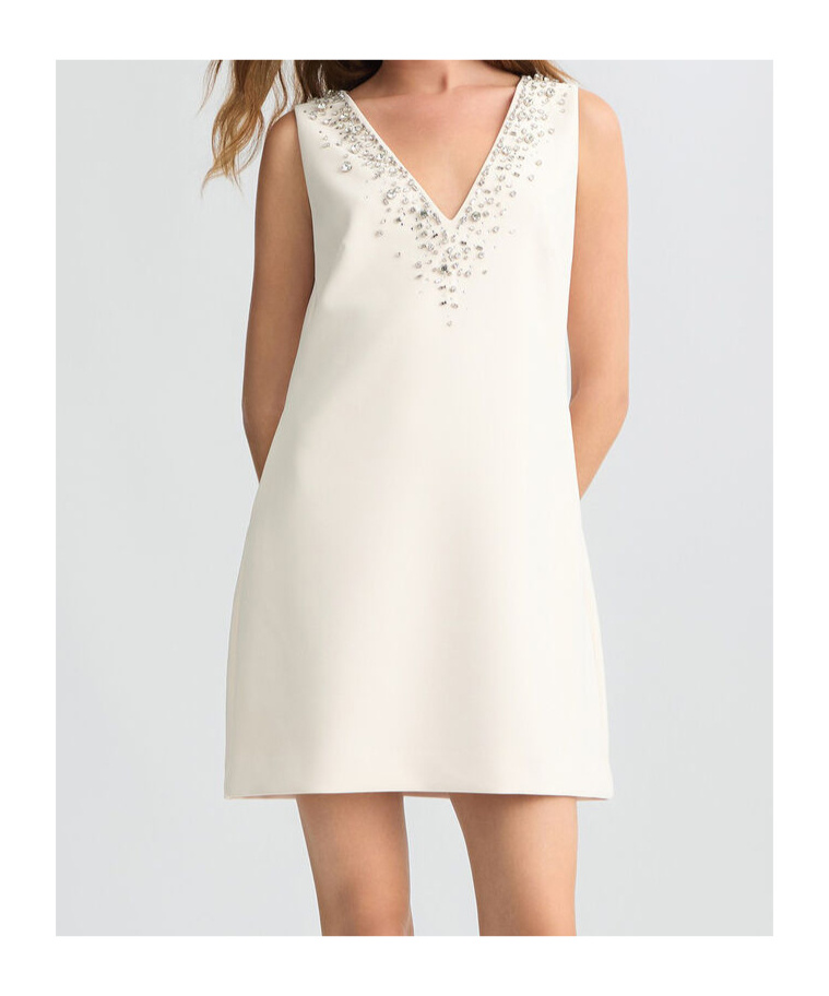Liu •jo Short Champagne-coloured Dress With Bejewelled Embellishment In White