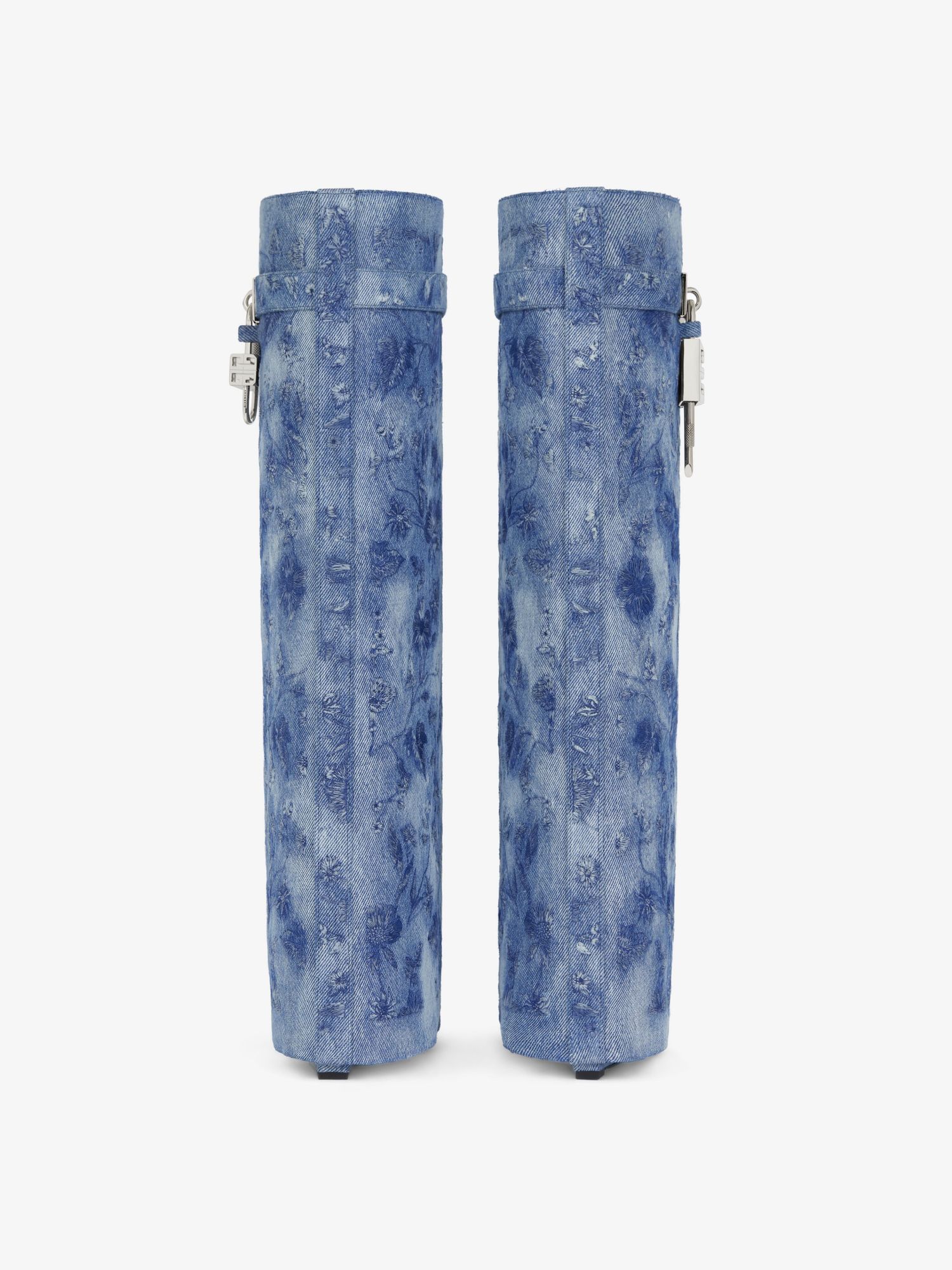 Shop Givenchy Shark Lock Boots In Denim With Floral Embroidery In Medium Blue