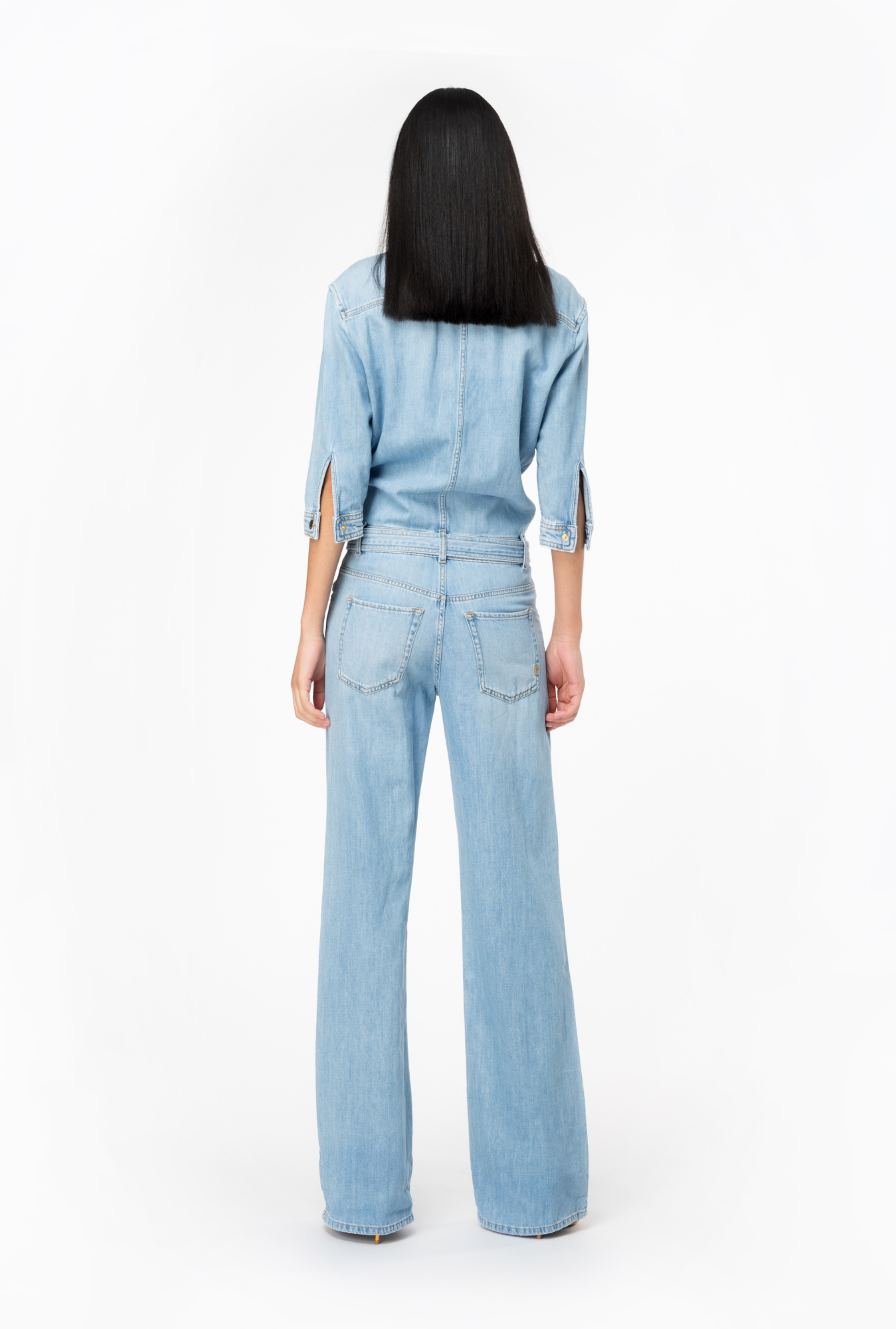 Shop Pinko Three Quarter-length Sleeves Denim Jumpsuit In Blue