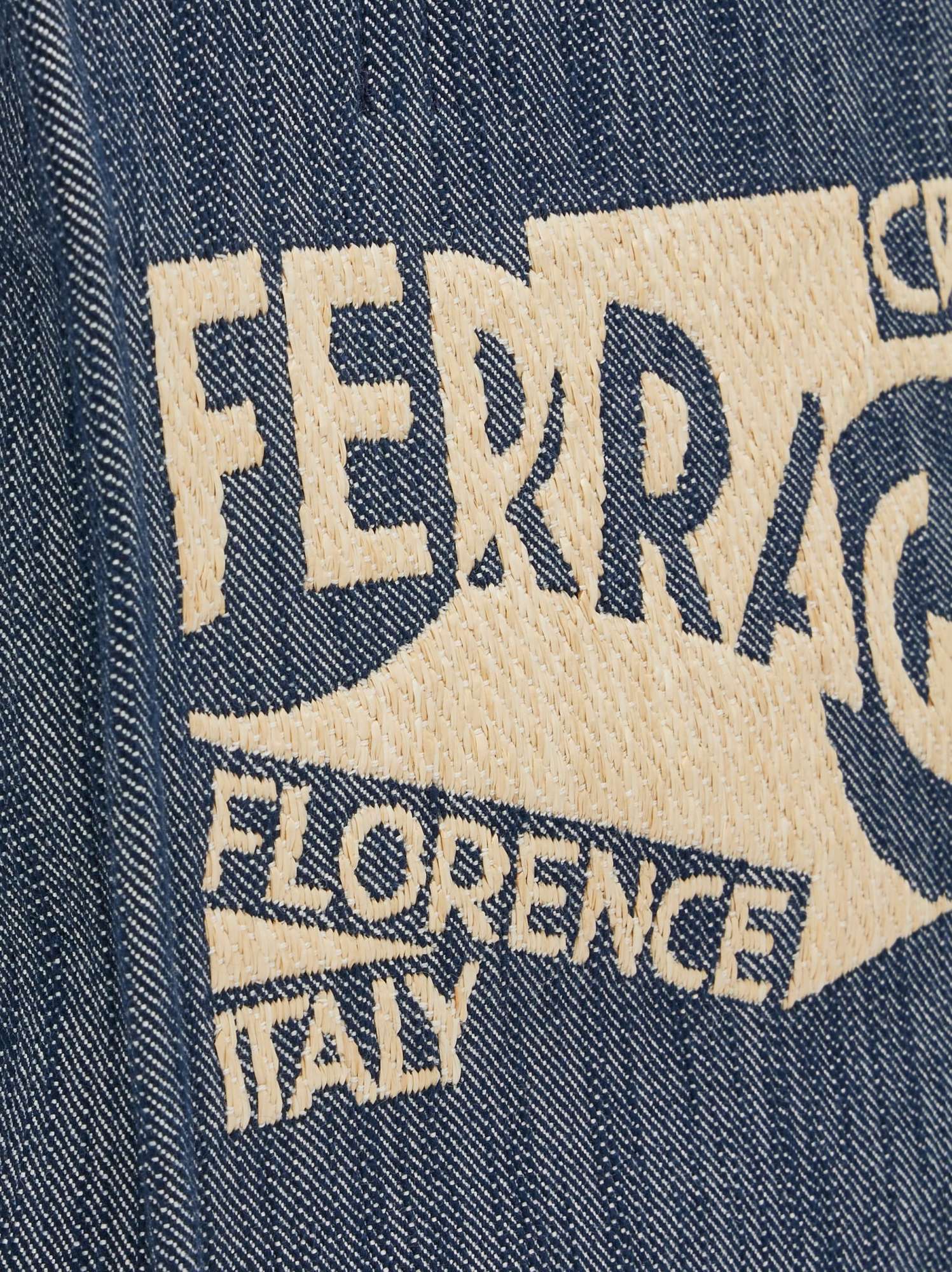 Ferragamo Blue Denim Large Tt Sign Shopping Bag In Black