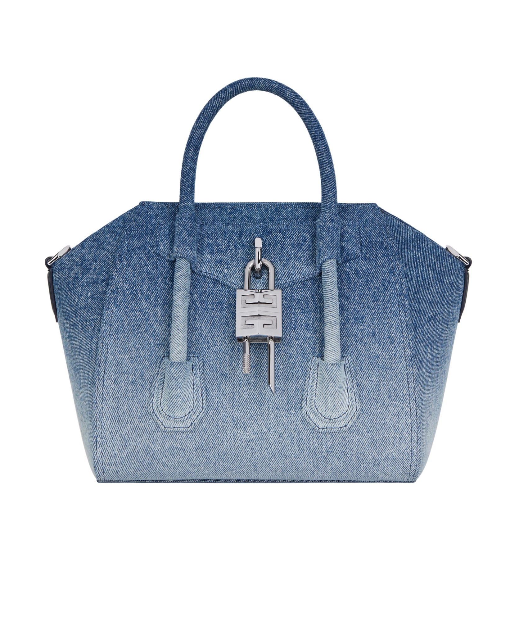 Givenchy Mini Antigona Lock Denim Top Handle Bag In Medium Blue
