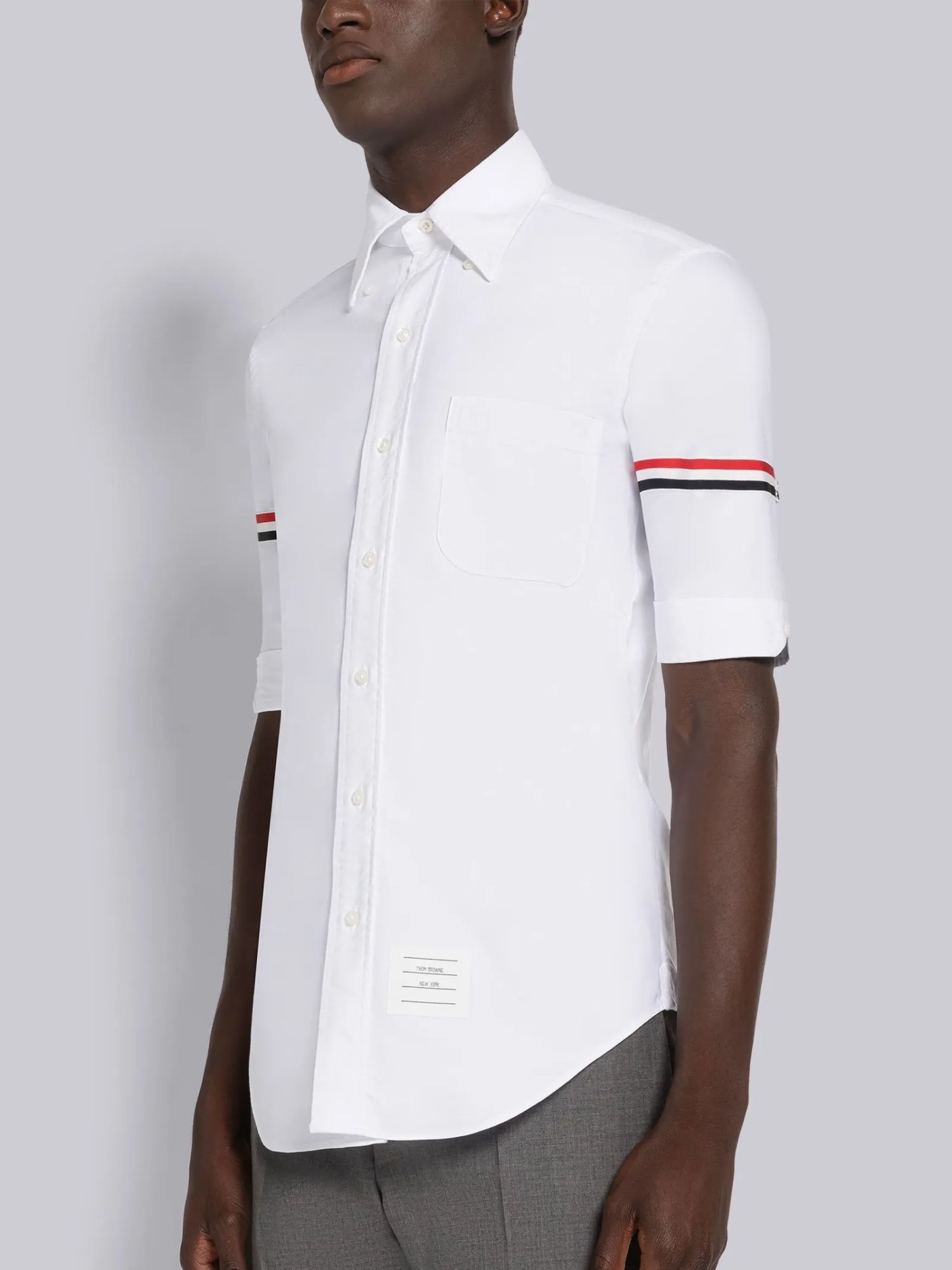Thom Browne Stripe Armband Short Sleeve Oxford Shirt In White