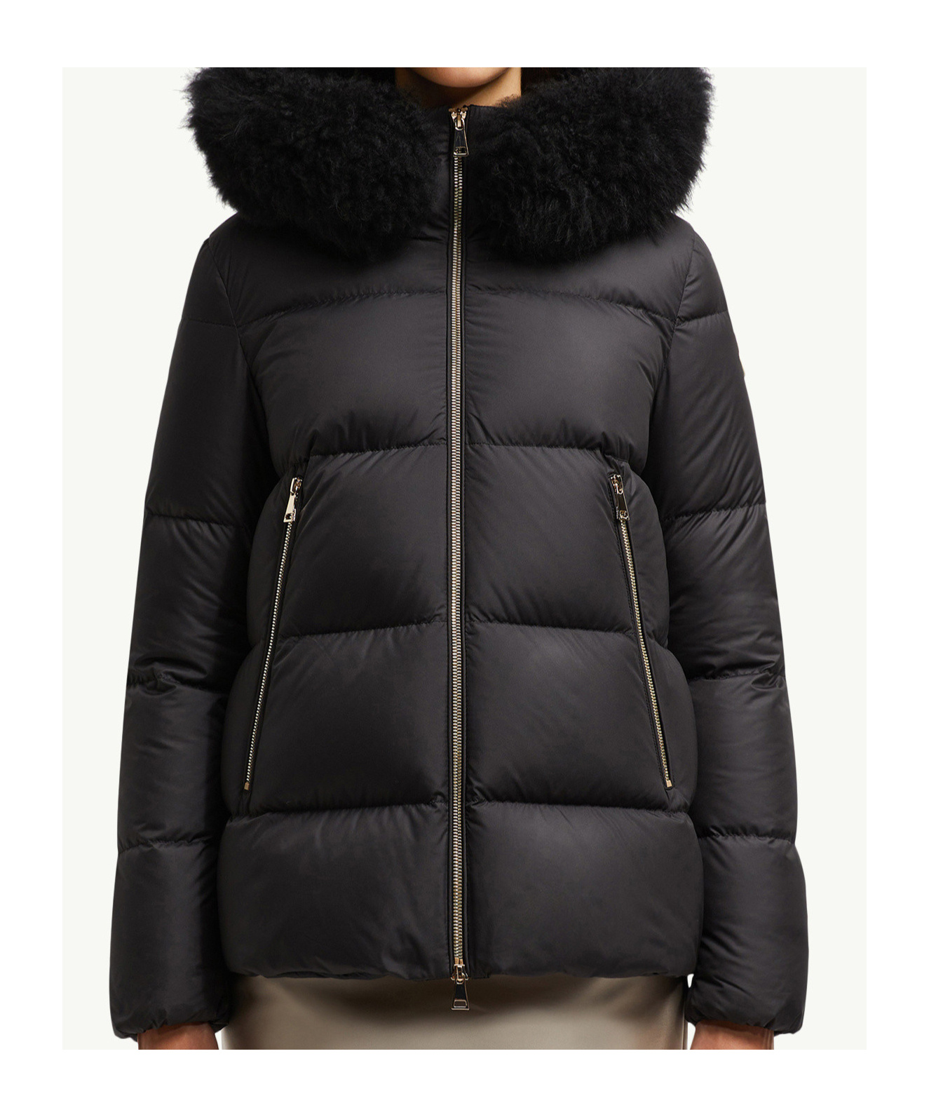 Moncler Laichefur Hooded Shearling-trimmed Short Down Jacket In Black