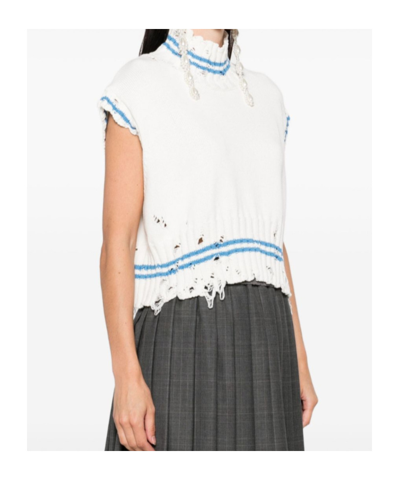 Marni Mending Logo Distressed Boxy Cotton Turtleneck Sweater In White