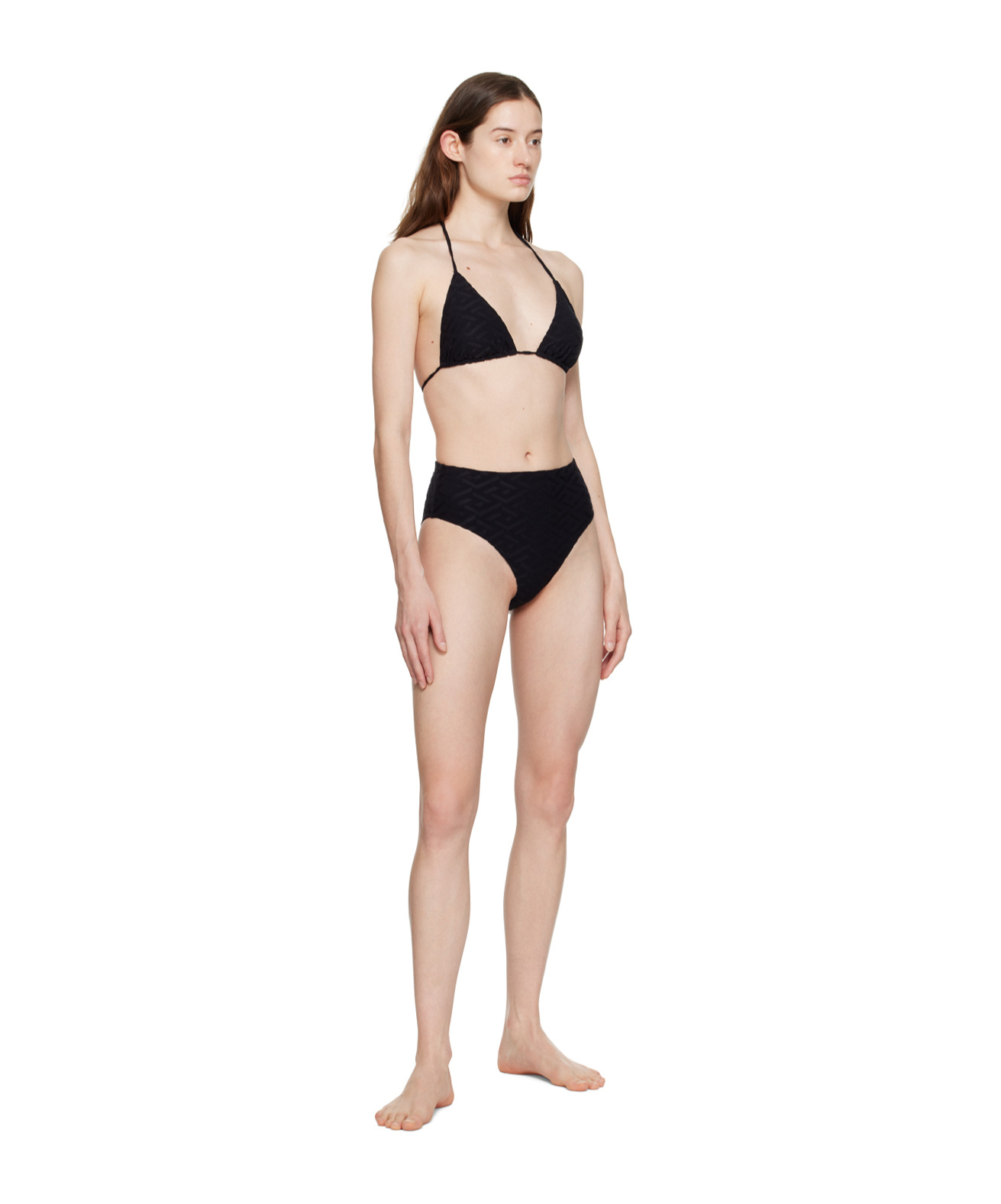 Versace Debossed-monogram High-waisted Bikini Bottom In Nude