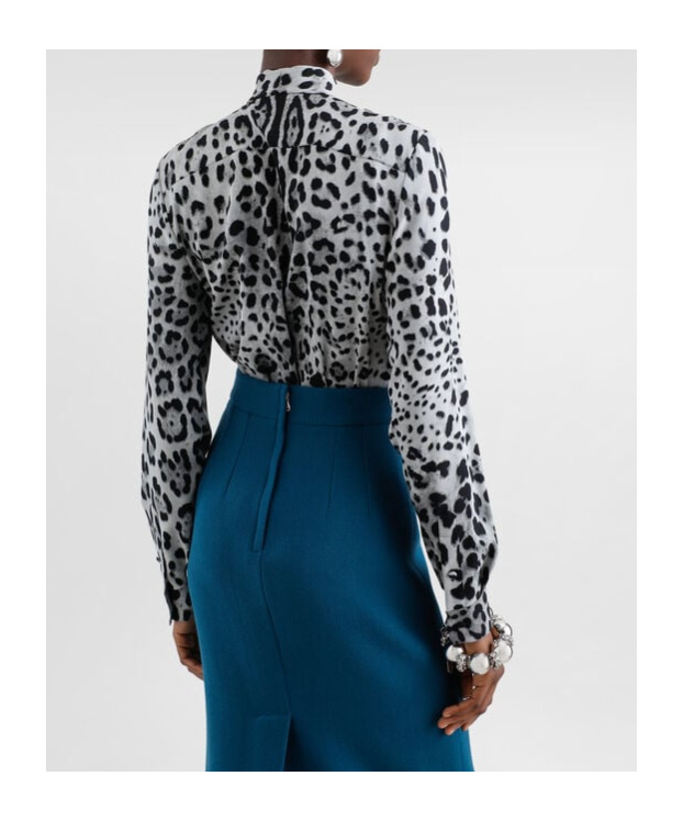 Dolce & Gabbana Leopard-print Charmeuse Shirt With Pussy-bow In Gray