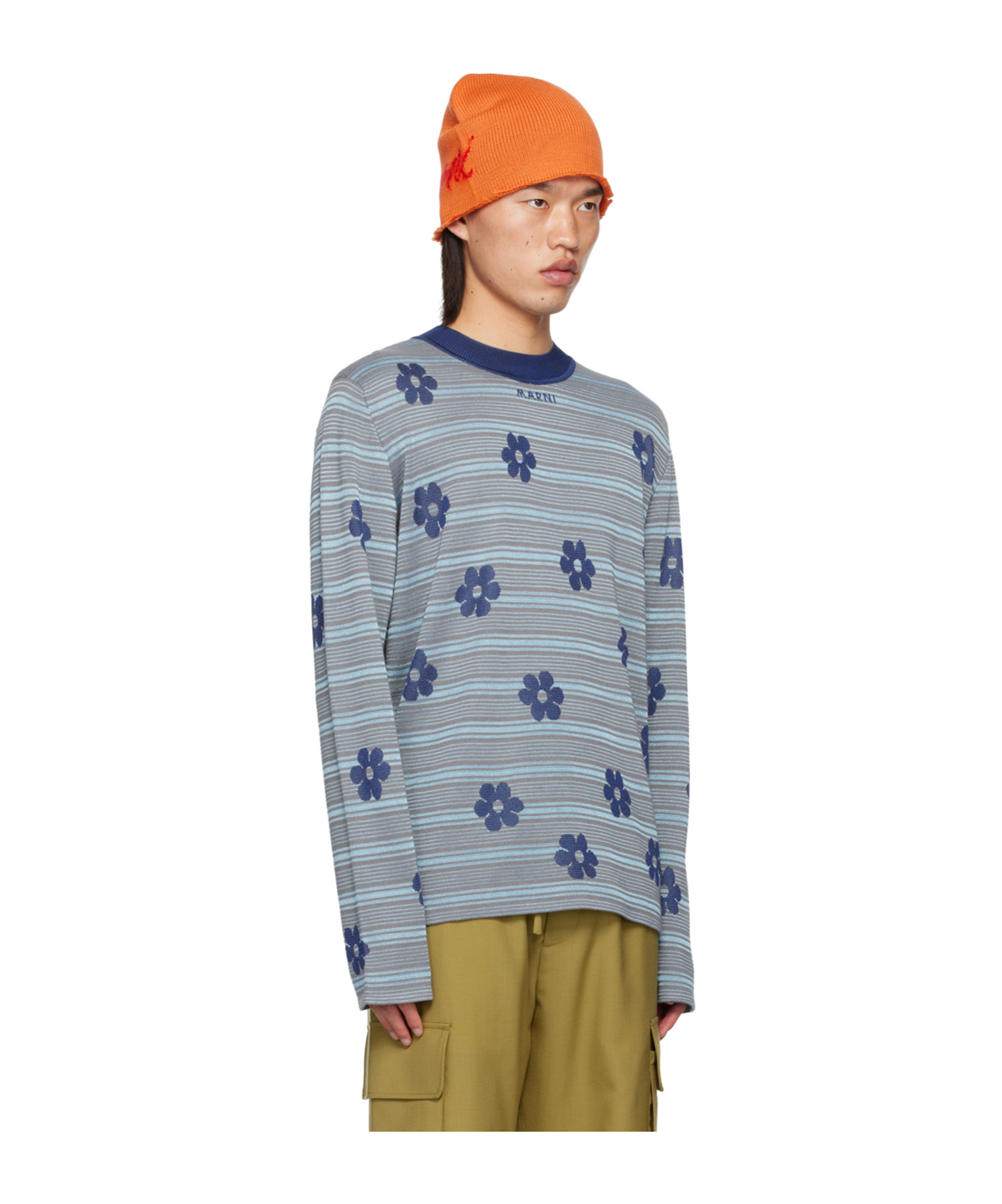 Shop Marni Logo-intarsia Striped Knit Top In Gray