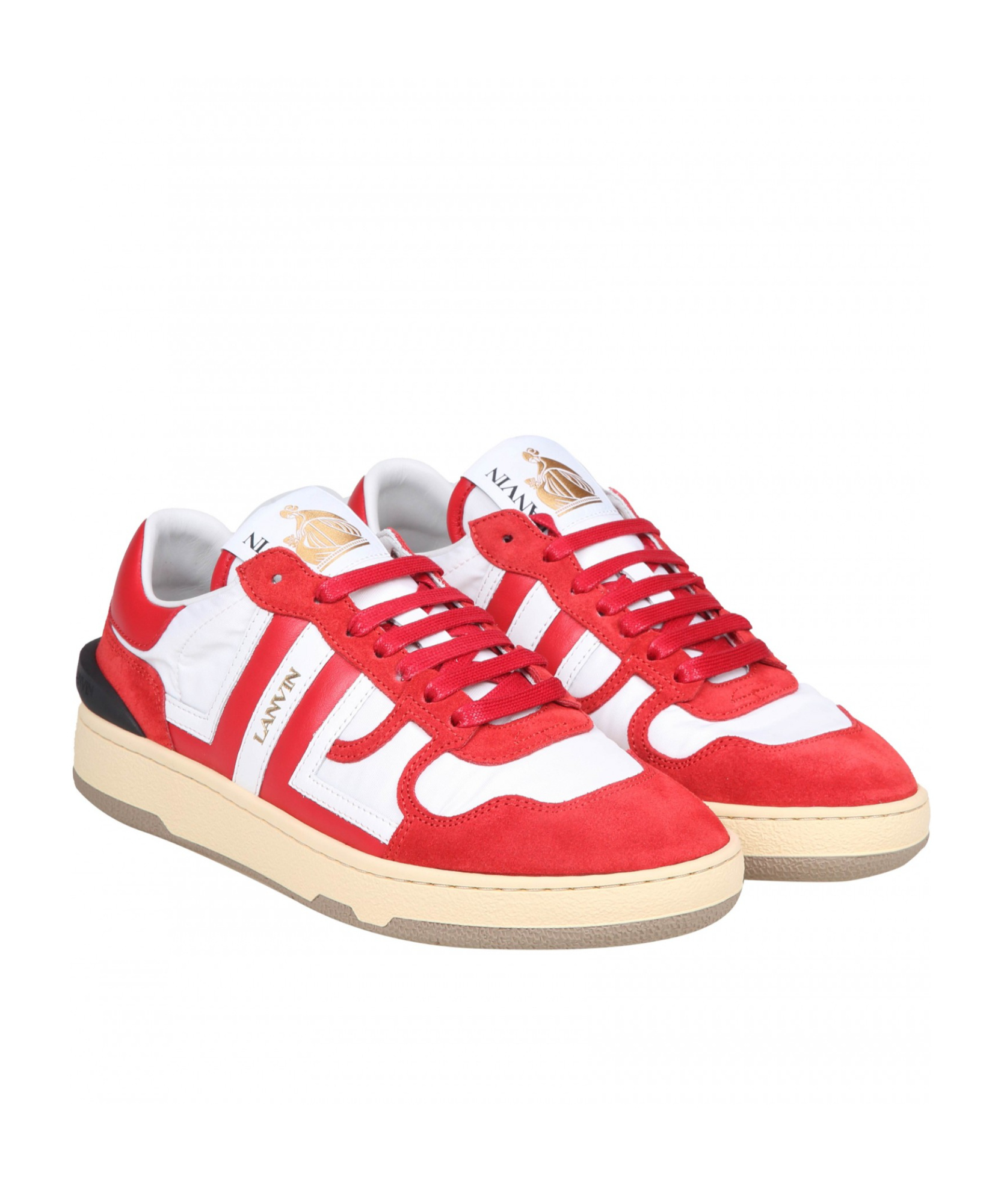 Lanvin Clay Low Top Sneakers In Leather And Nylon Color White/red In Multicolor