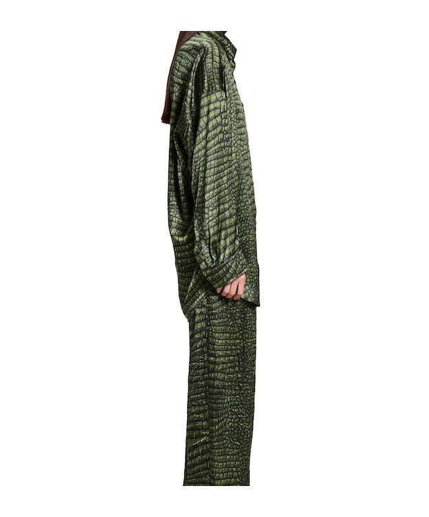Balenciaga Crocodile Print Satin Button Down Cocoon Blouse In Green