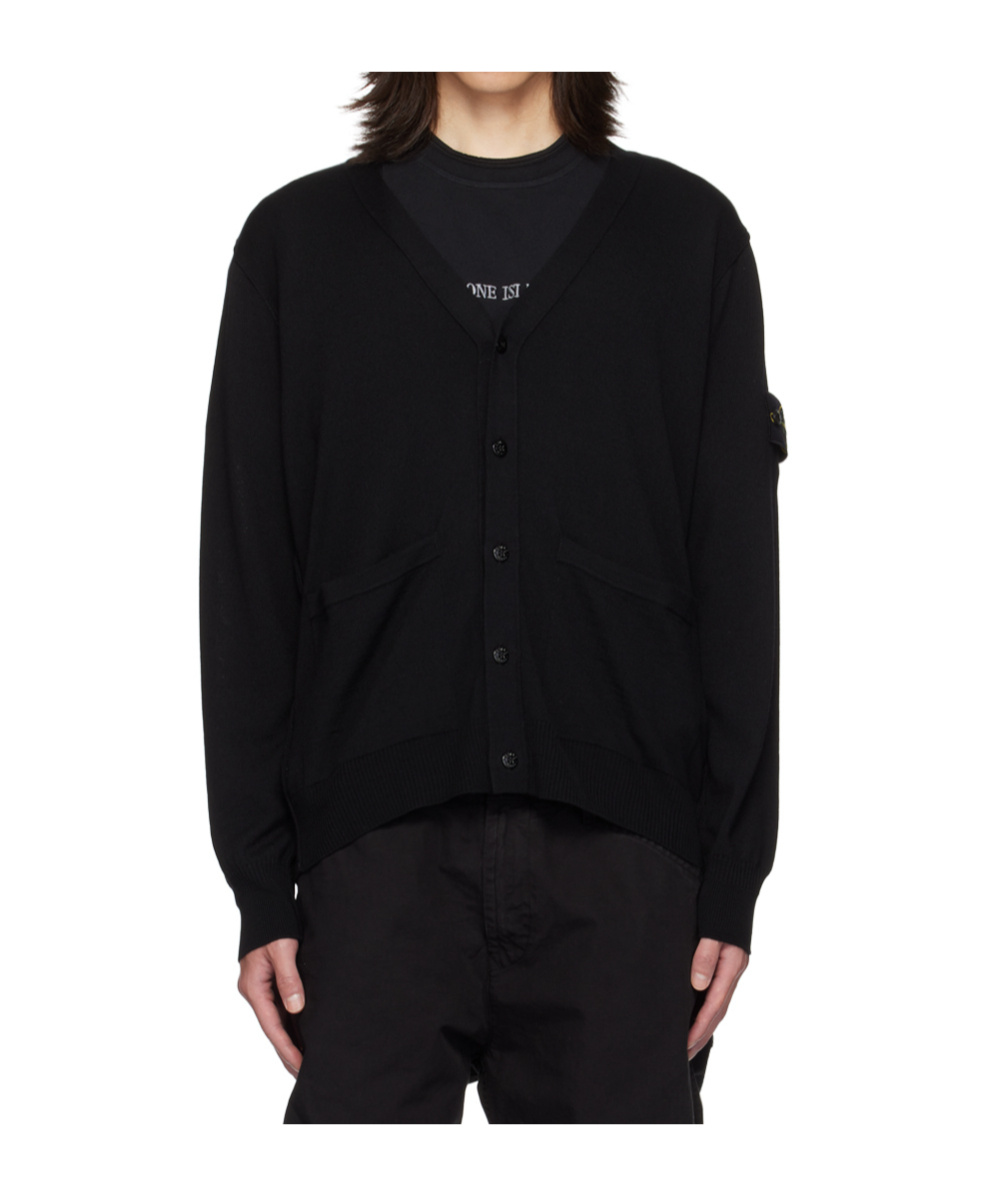 Stone Island Compass-badge Wool Cardigan In Black