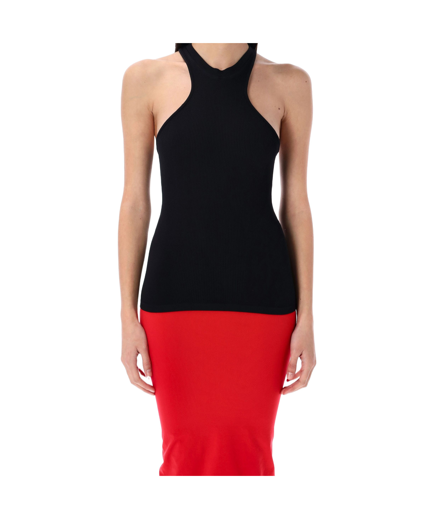 Andreädamo Ribbed Fitted Racerback Sleeveless Top In Black