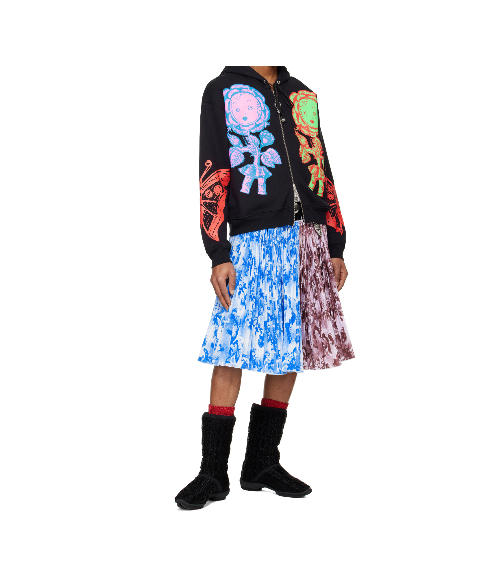 Chopova Lowena Black Double Rose Bud Zip Hoodie In Multicolor