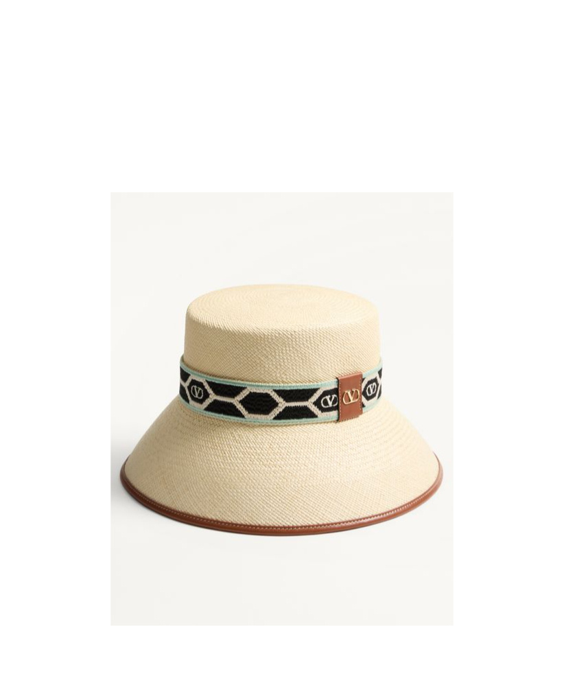 Valentino Embroidered Band Straw Bucket Hat In White