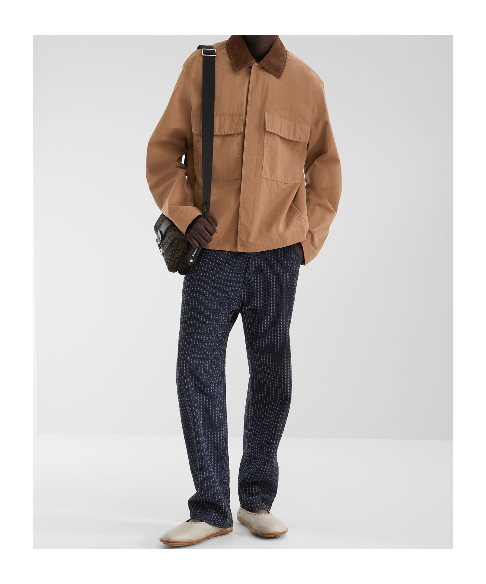 Fendi Suede Collar Canvas Jacket In Brown