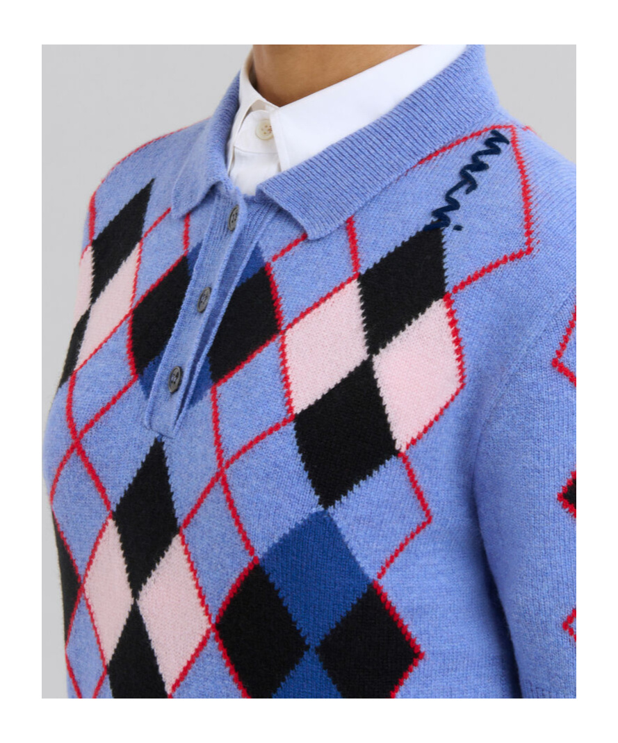 Marni Embroidered Argyle Wool Polo Shirt In Blue