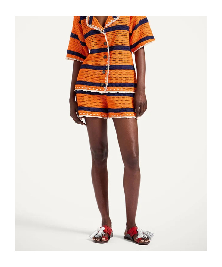La Doublej Striped Crochet Shorts In Orange