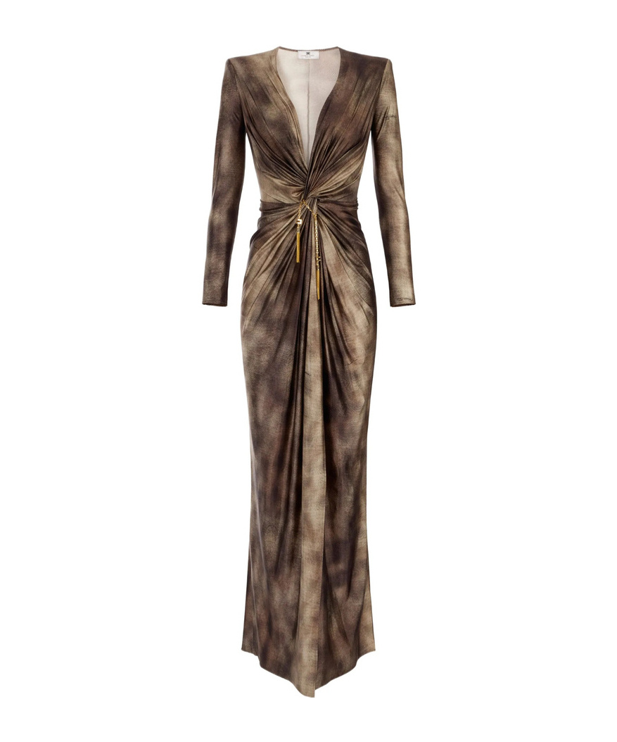 Elisabetta Franchi Draped Metallic Knee Length Dress With Sleeves In Brown