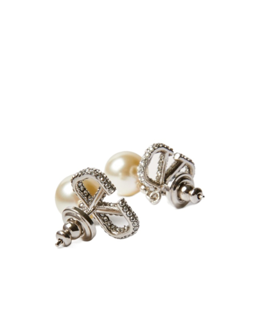 Valentino Vlogo Signature Metal Earrings With Crystals And Pearls In Swarovski Crystal In Metallic