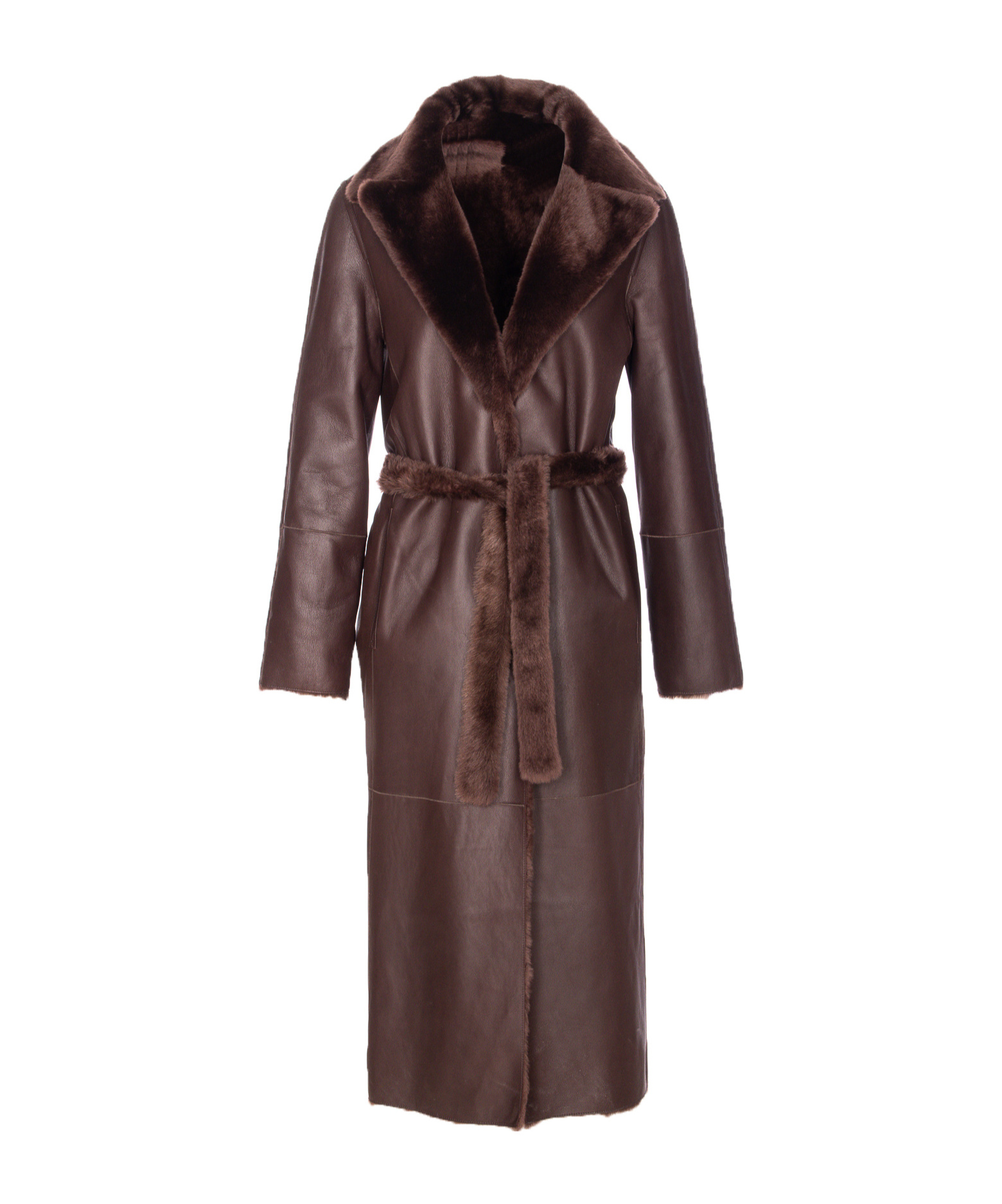 Yves Salomon Belted Faux Fur Long Coat With Pockets In Black
