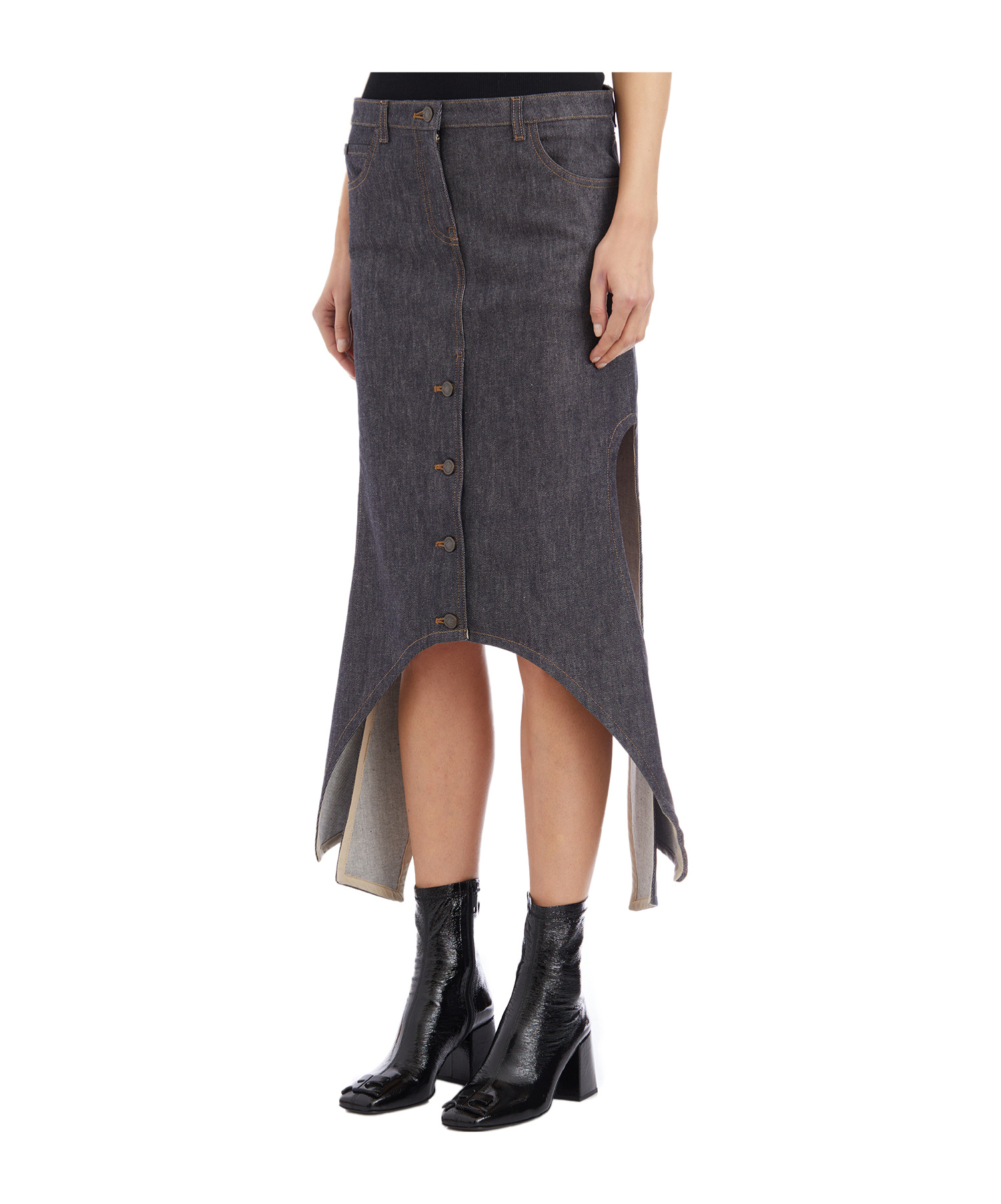 Courrèges Gray Reversed Denim Midi Skirt In Black