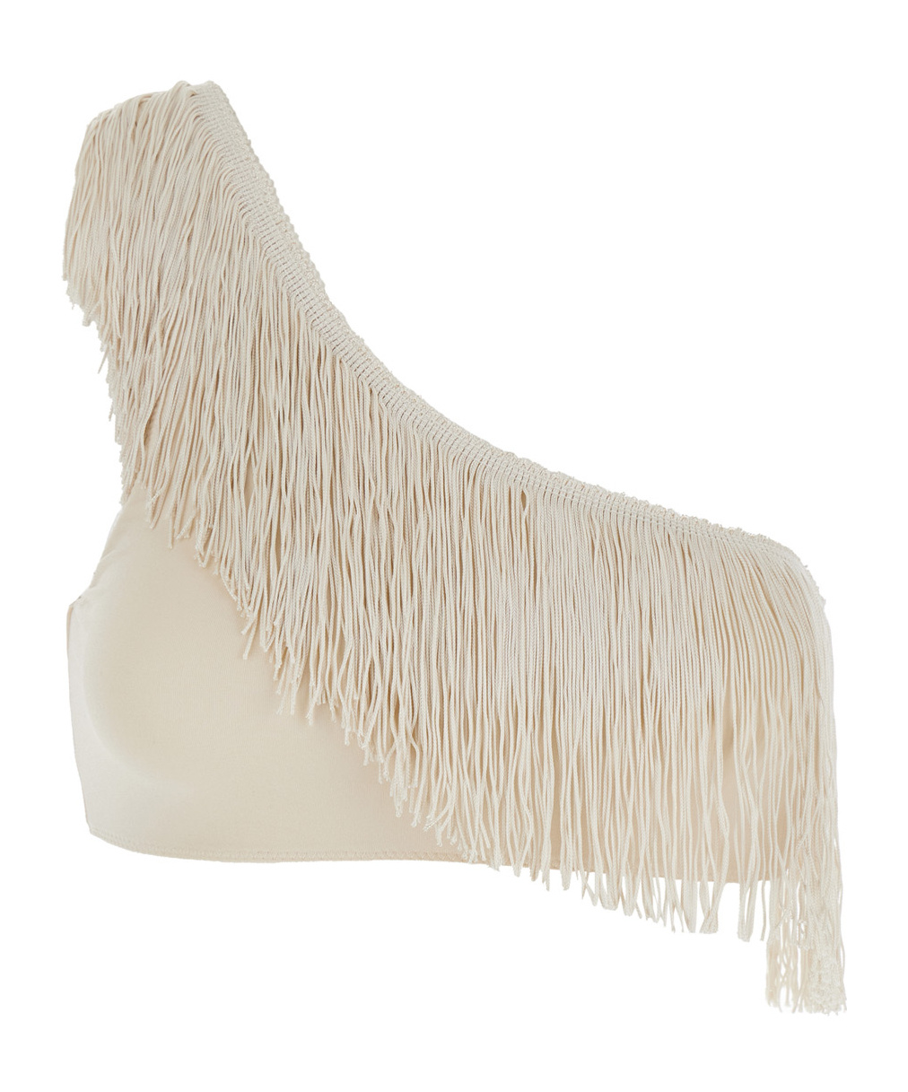 Forte Forte Beige One-shoulder Top With Fringe Embellishments In Tech Fabric Stretch Woman