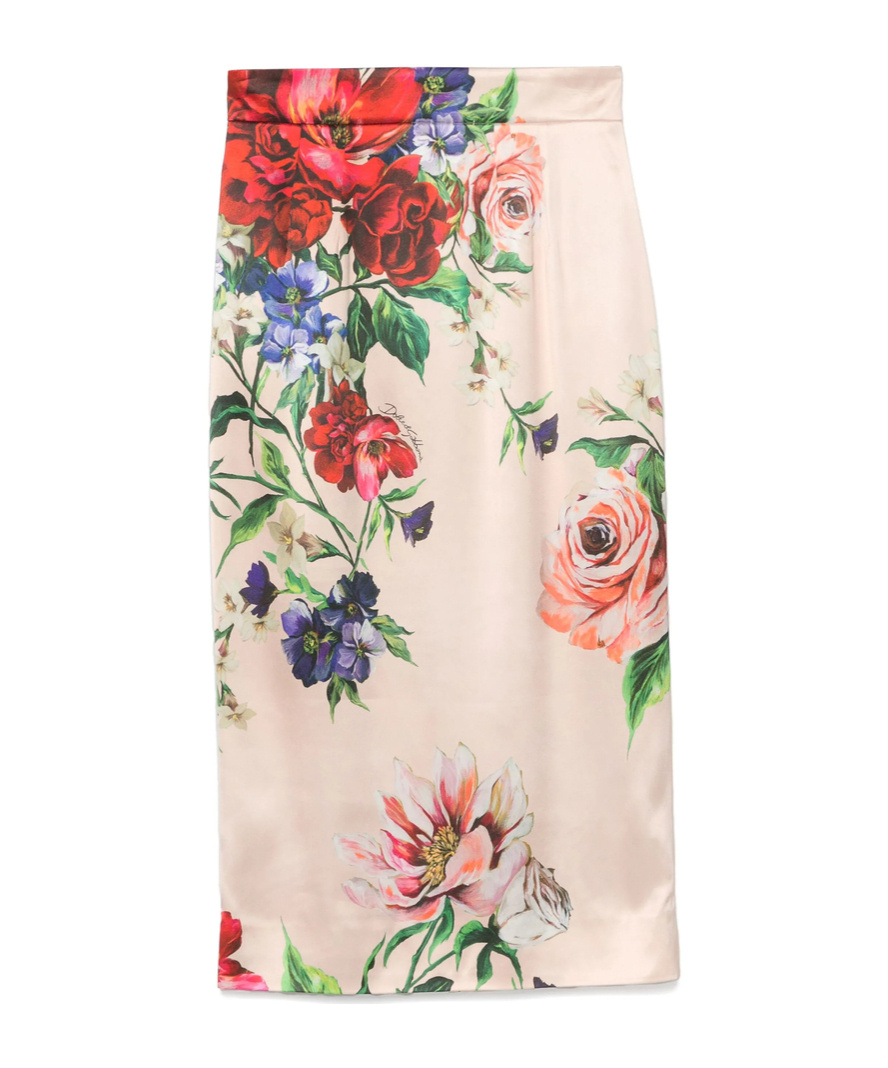 Dolce & Gabbana Printed Stretch Satin Skirt In Nude
